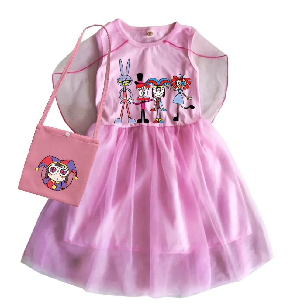 

2-12Y Children Circo Digital Ropa Dress Kids Cartoon Pomni Jax Clothes for Baby Girls Summer Princess Vestidos with Little Bag