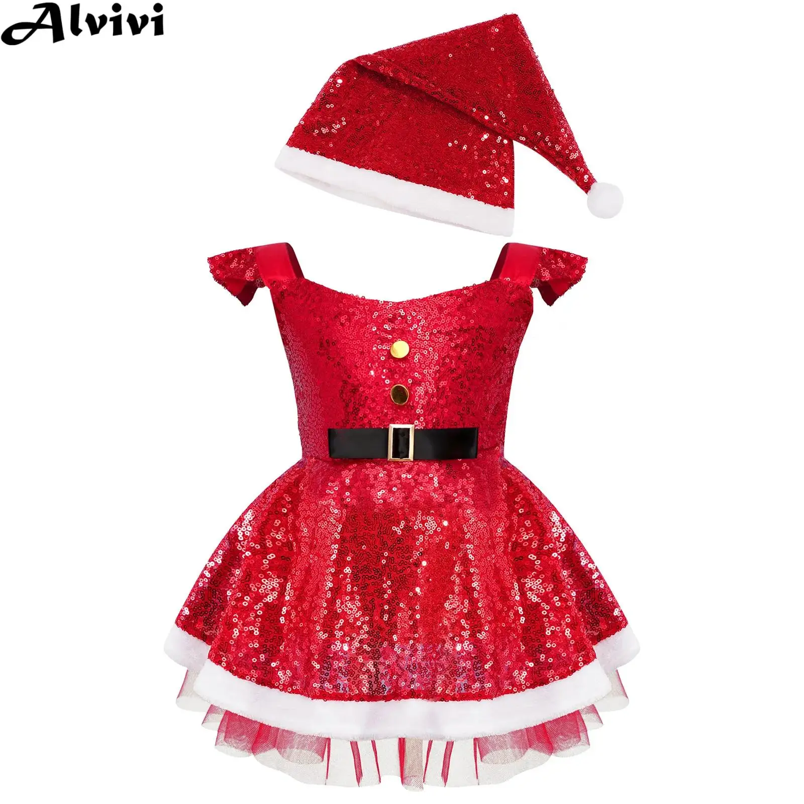 Meisjes Kerst Dansjurk Mouwloze Glanzende Lovertjes Mesh Tutu Met Hoed Xmas Nieuwjaarsfeest Halloween Santa Claus Cosplay Kostuum