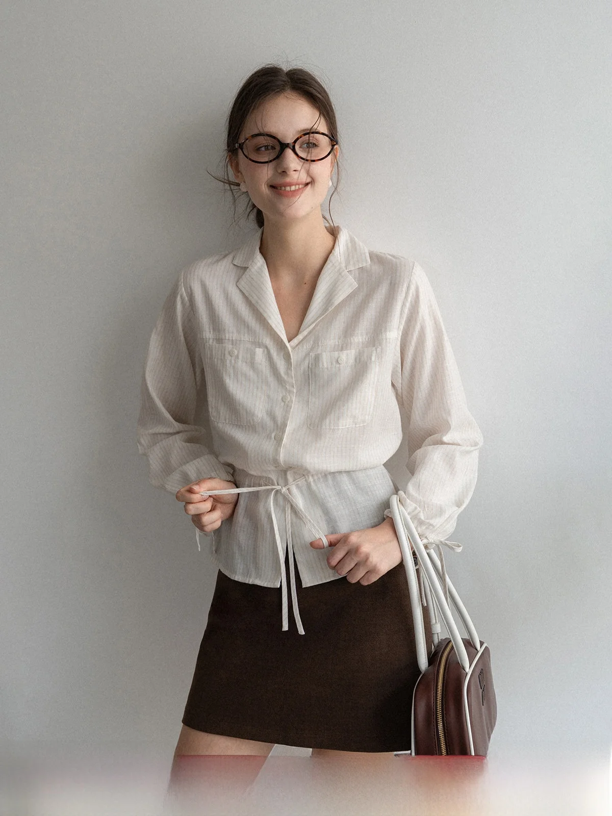 

Женское свободное платье из смесового хлопка с эффектом похудения, белое, с V-образным вырезом, длинными рукавами, в полоску, с завязками на талии, во французском стиле