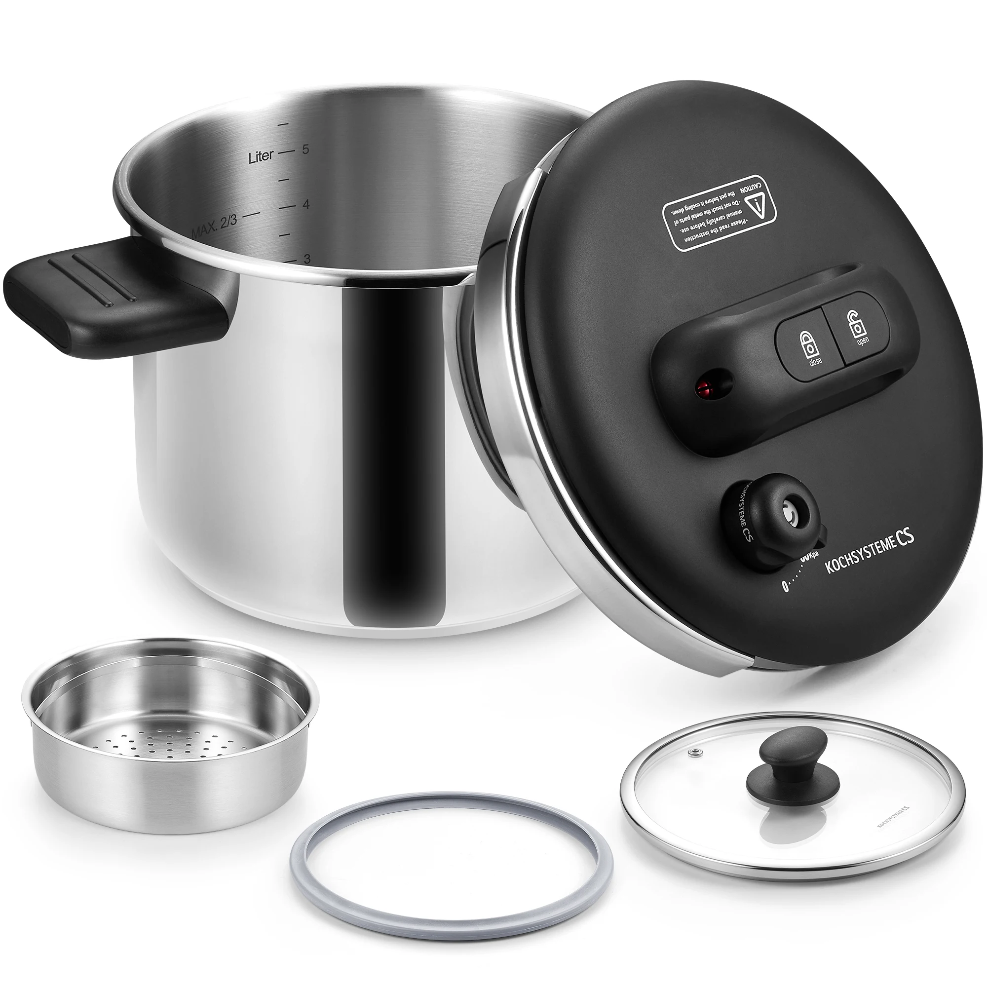 CSK 3-in-1 Stainless Steel Pressure Cooker, 100/60/0KPa Triple Pressure Settings, One Press Lock, Multi Safety Protection, Suitable for All Stoves, With Steamer Basket & Glass Lid