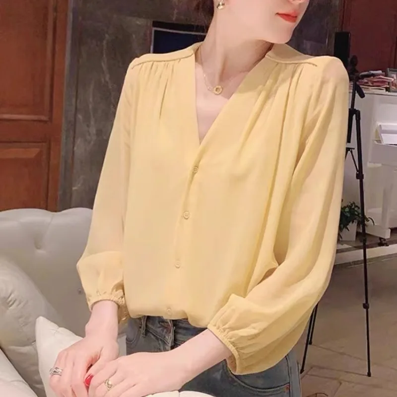 

Women's Spring Autumn V-Neck Button Lantern Long Sleeve Cardigan Solid Chiffon Shirt Casual Elegant Loose Vacation Lolita Tops