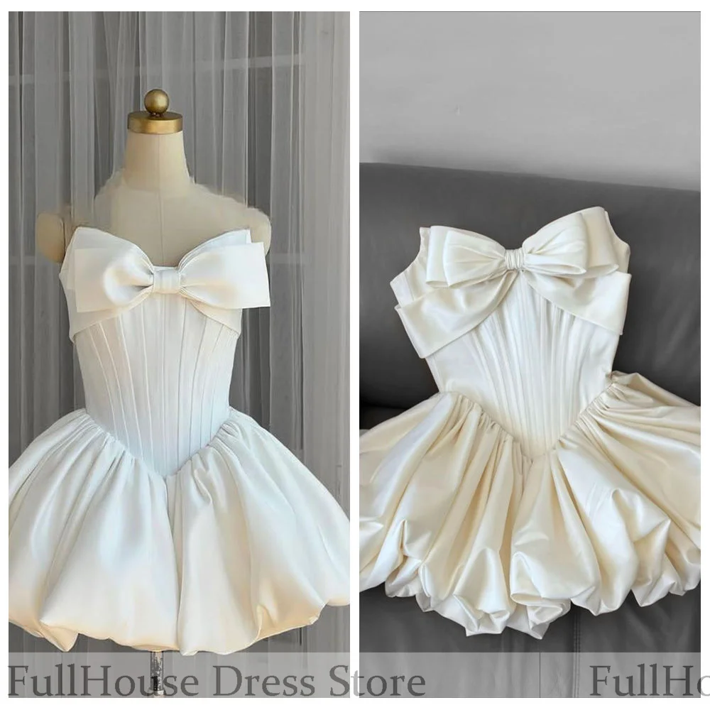 

Bespoke Occasion Birthday Party Gown Wedding Sweetheart Colalr Bow Pleated Draped A-line Puffy Backless Short Mini Prom Dress
