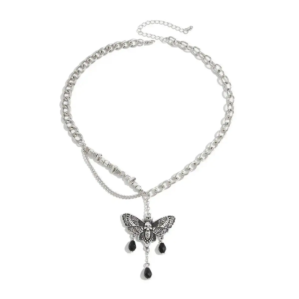 PuRui القوطية الأسود كريستال الجمجمة العثة فراشة شرابة قلادة قلادة الإبداعية الشرير الفضة اللون المعادن سلسلة الترقوة مجوهرات