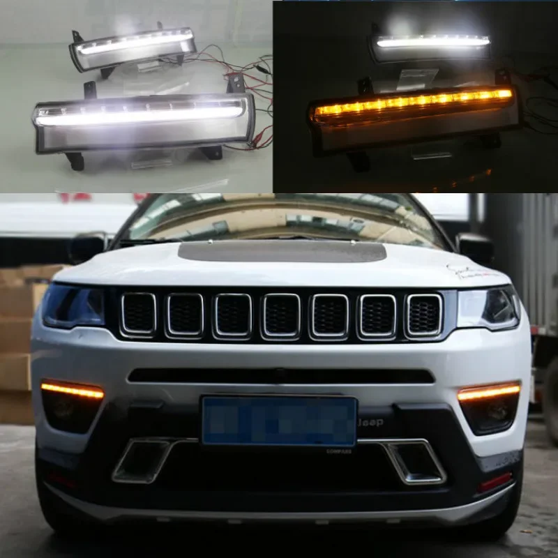 

2PCS Daytime running light For Jeep Compass 2017 2018 2019 dynamic yellow turn Signal Light style Relay 12V LED car DRL fog lamp