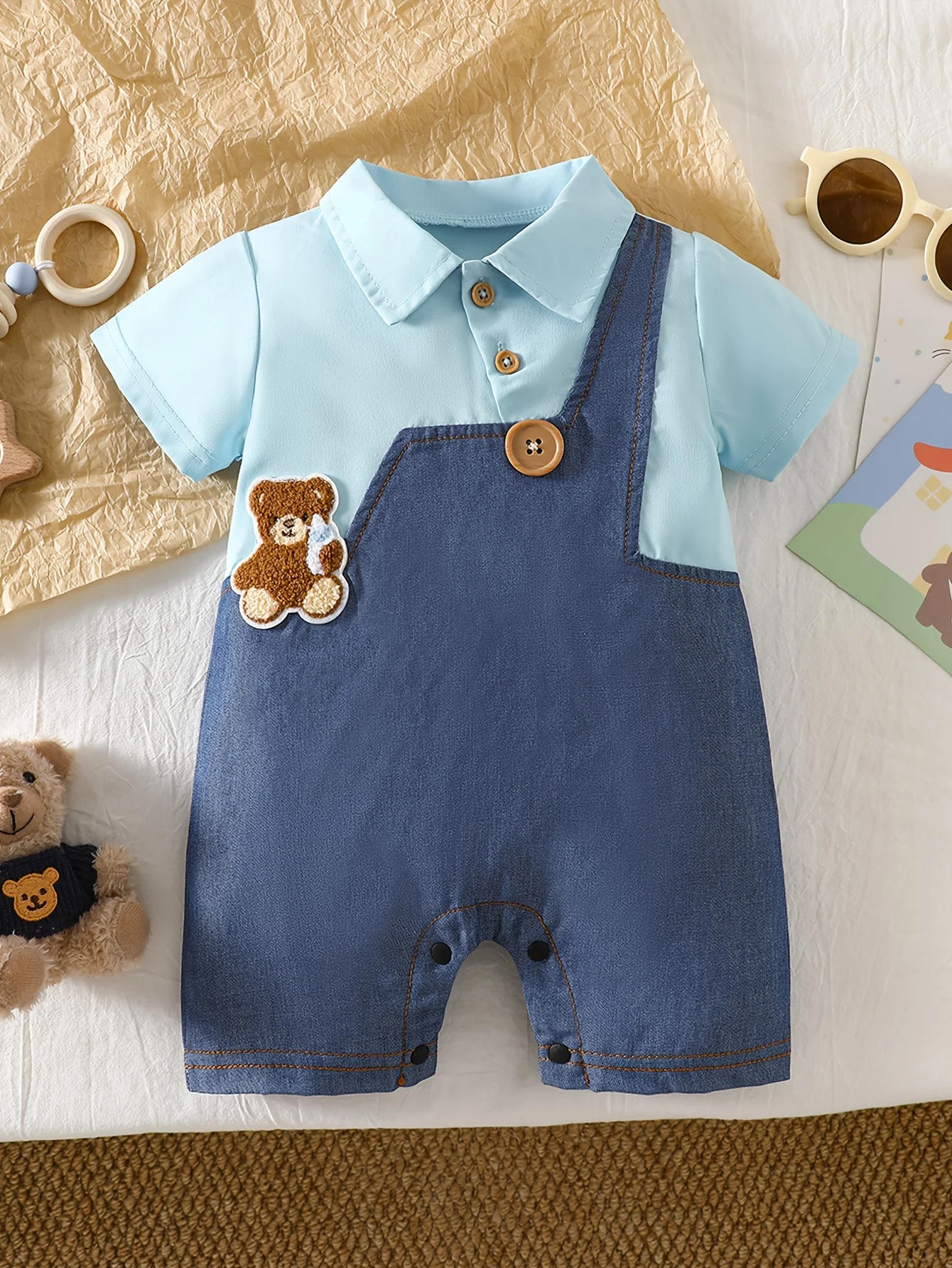 IURNXB Baby Romper Short Sleeve Gentleman Faux Denim Suspender Onesie Polo Collar Suit Summer Newborn Clothes 1-18M