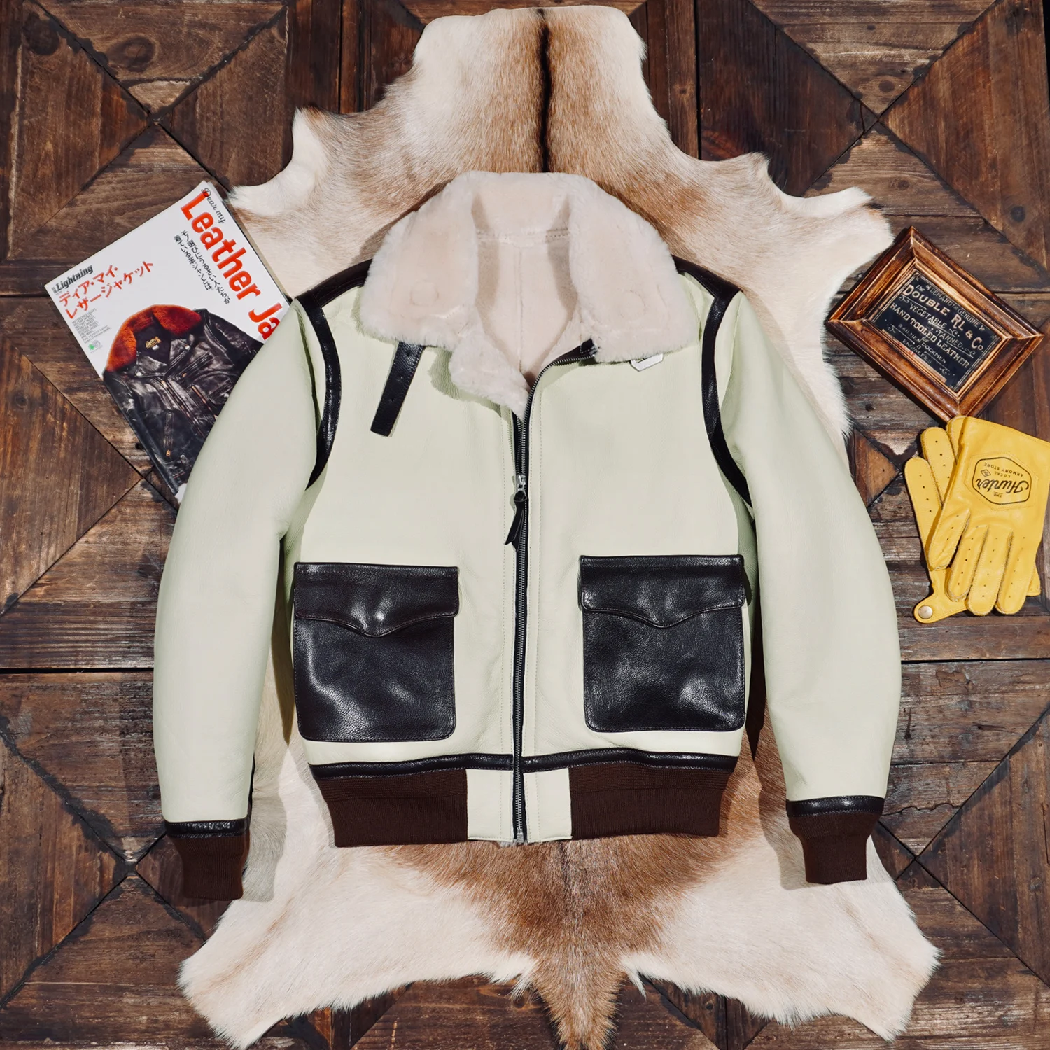 Tailor Brando Authentic Shearling & Vegetable-Tanned Calfskin Men's Classic B3 Bomber Jacket Men's Genuine Fur Jacket