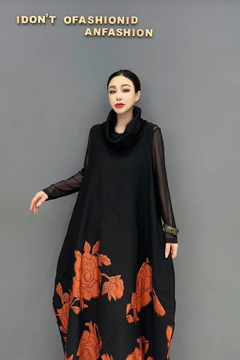 2024 Autumn Winter New Printed Elegant Loose Long Dress Women Fashion Sleeveless Dress Wholesale J543