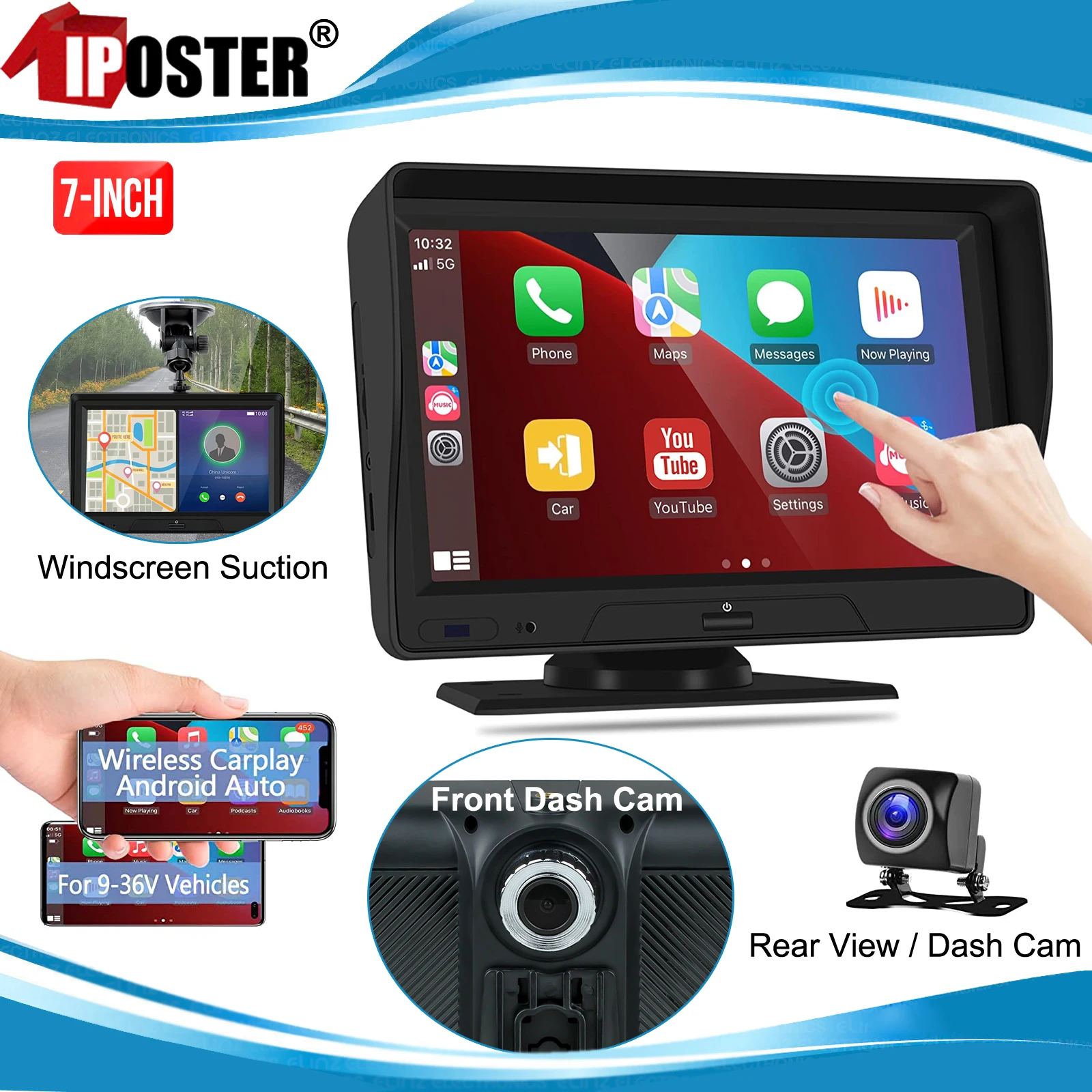 iPoster 7 Inch Car Radio Multimedia Video Player Touch Screen Wireless Apple CarPlay Tablet Android Auto Bluetooth GPS+Rear Cam