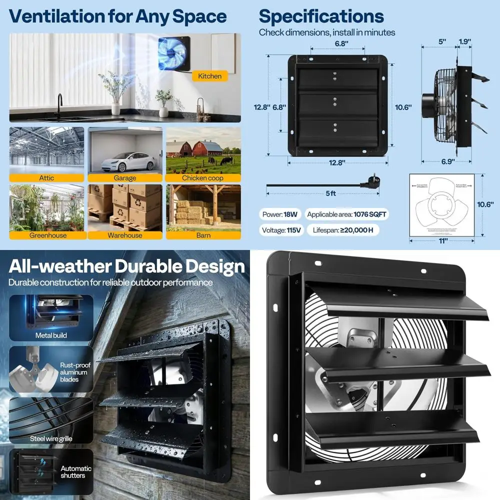 

10 Wall-Mounted EC Motor Shutter Exhaust Fan - 900 CFM, Variable Speed, Ideal for Attic, Garage, Greenhouse, and Barn Ventilatio