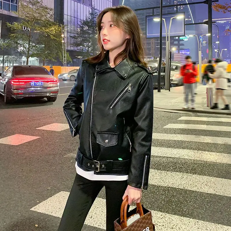 Loose Fashion Casual Leather Jacket Washed Leather 2023 Autumn Winter Zipper Jacket Turn-down Collar Thicken Warm Women's Jacket