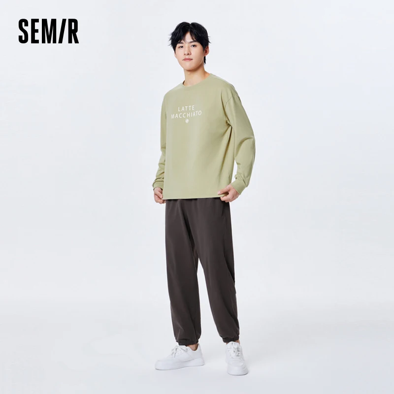 Semir Home Clothing Set Men Loose Skin-Friendly Comfortable Contrast Color Round Neck Top Elasticized Ankle Pants