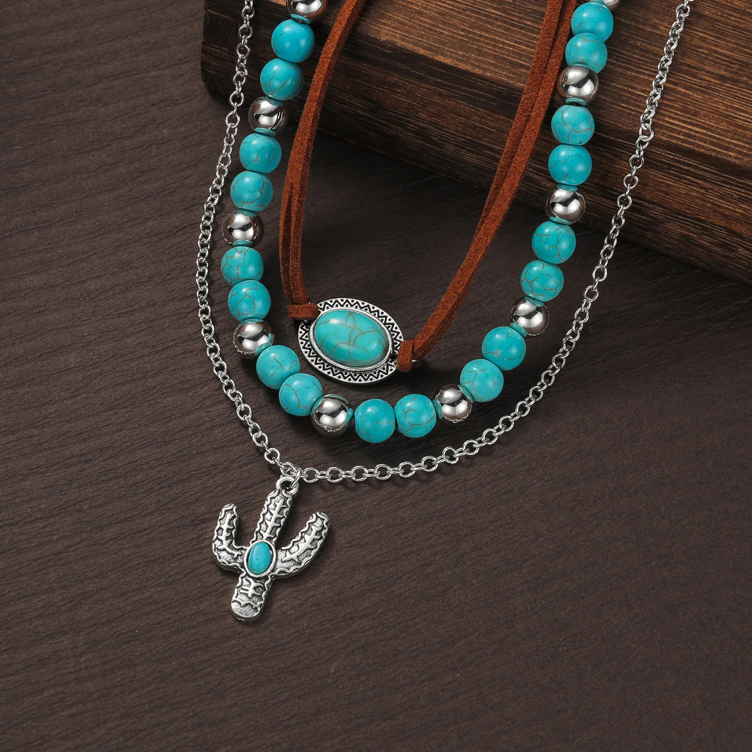 3-piece Bohemian style alloy cactus pendant necklace with multi-layer layered turquoise beaded velvet woven women\'s necklace