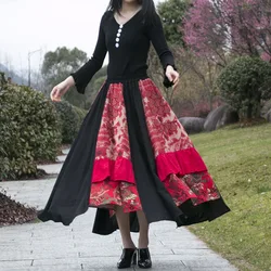 TIYIHAILEY Long Maxi A-line Elastic Waist Women Summer Spring Cotton Linen Big Hem Patchwork Skirts Black Red Layer Ladies Skirt