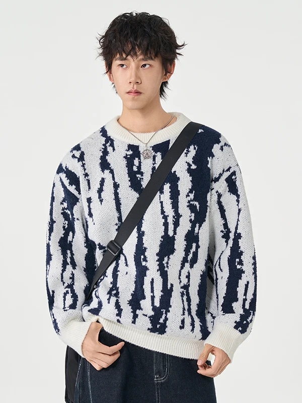 

Warm Knitted Sweater Men's round Ne Waterflow Pattern Large Size Casual Sle Zebra Stripe Splicing Thiened Autumn Winter