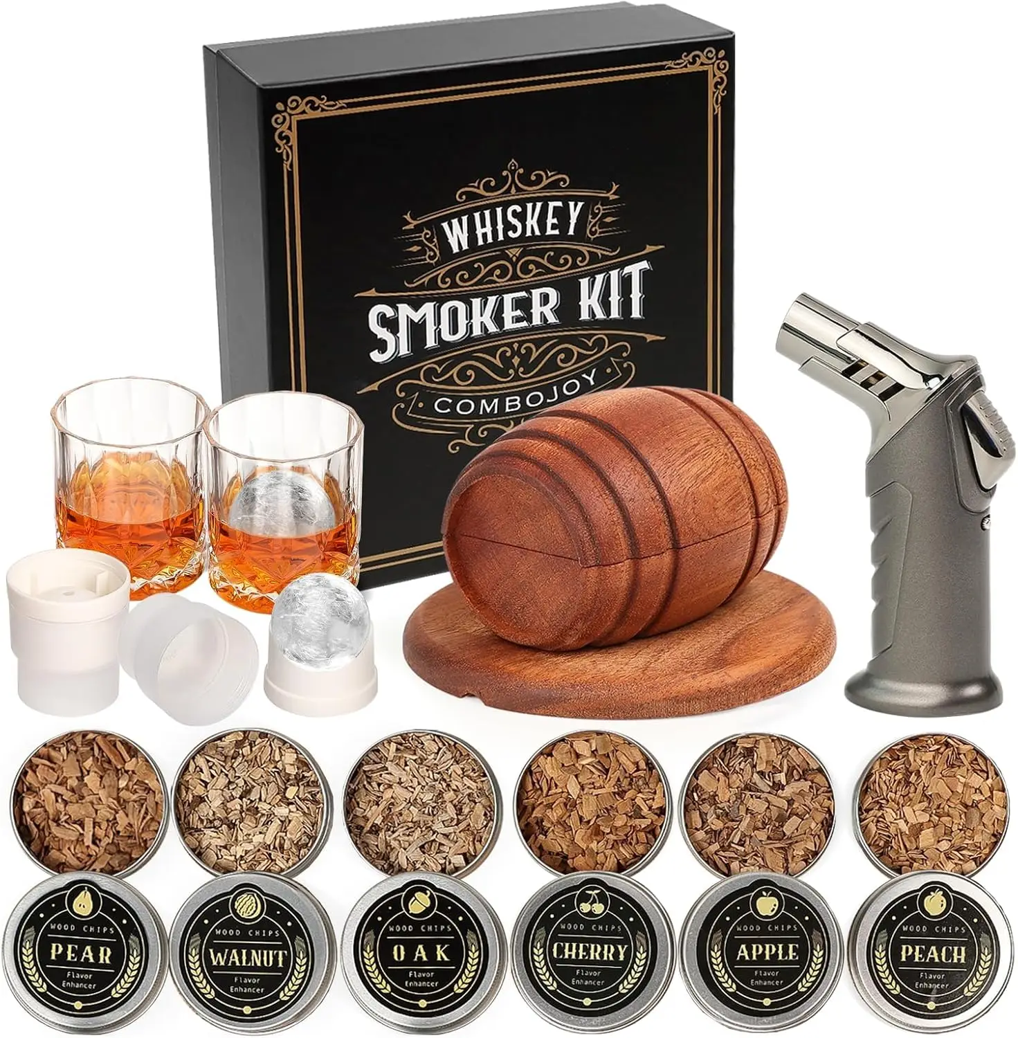 

Whiskey Smoker Kit with Torch - 6 Flavors Wood Chips, 2 Glasses, 2 Ice Ball Molds - Cocktail Smoker Infuser Kit, Old Fashioned