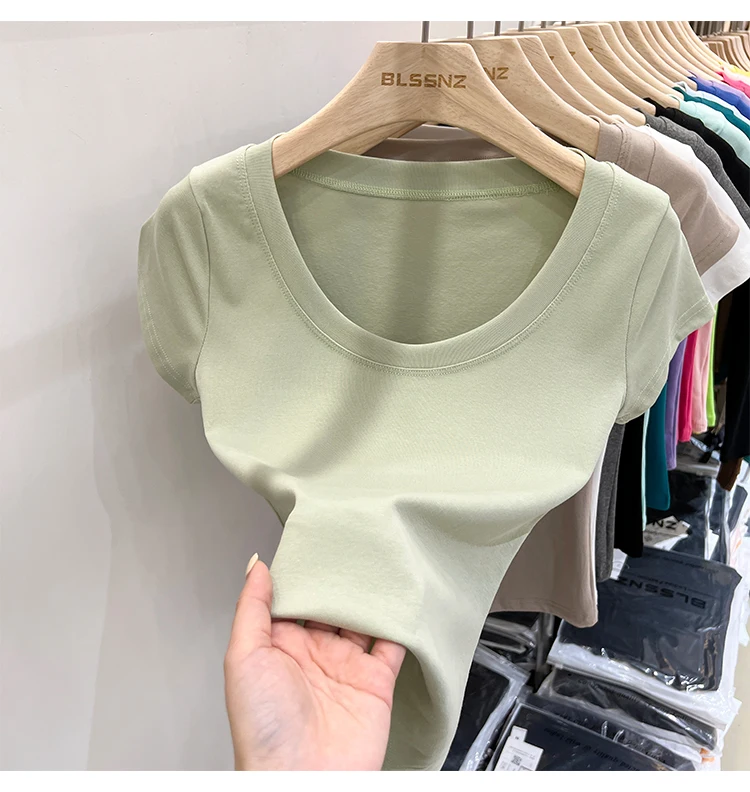 2026 Sexy Quadratischer Ausschnitt Slim T-Shirt Damen Baumwolle Elastisch Basic Einfarbig Lässige Oberteile Kurzarm Dünne T-Shirts Transparent – Detail 30