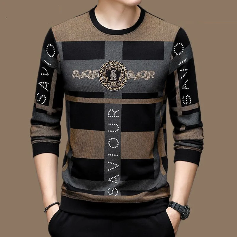 Printing Long Sleeve Pullovers Interior Lapping Fashion Loose Tops Autumn Winter Thin Men T-Shirts O-neck Trend Men\'s Clothing