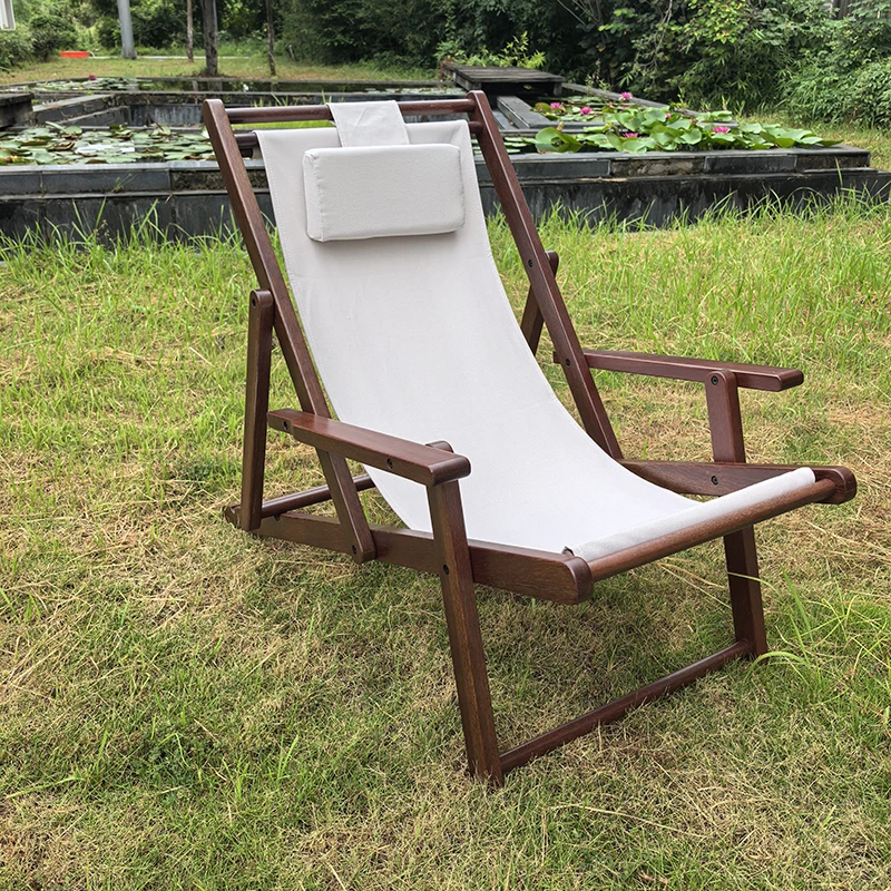 Modern Foldable Outdoor Moon Chair with Wood Aluminum Frame and Polyester Fabric Stylish Design for Beach and Swimming