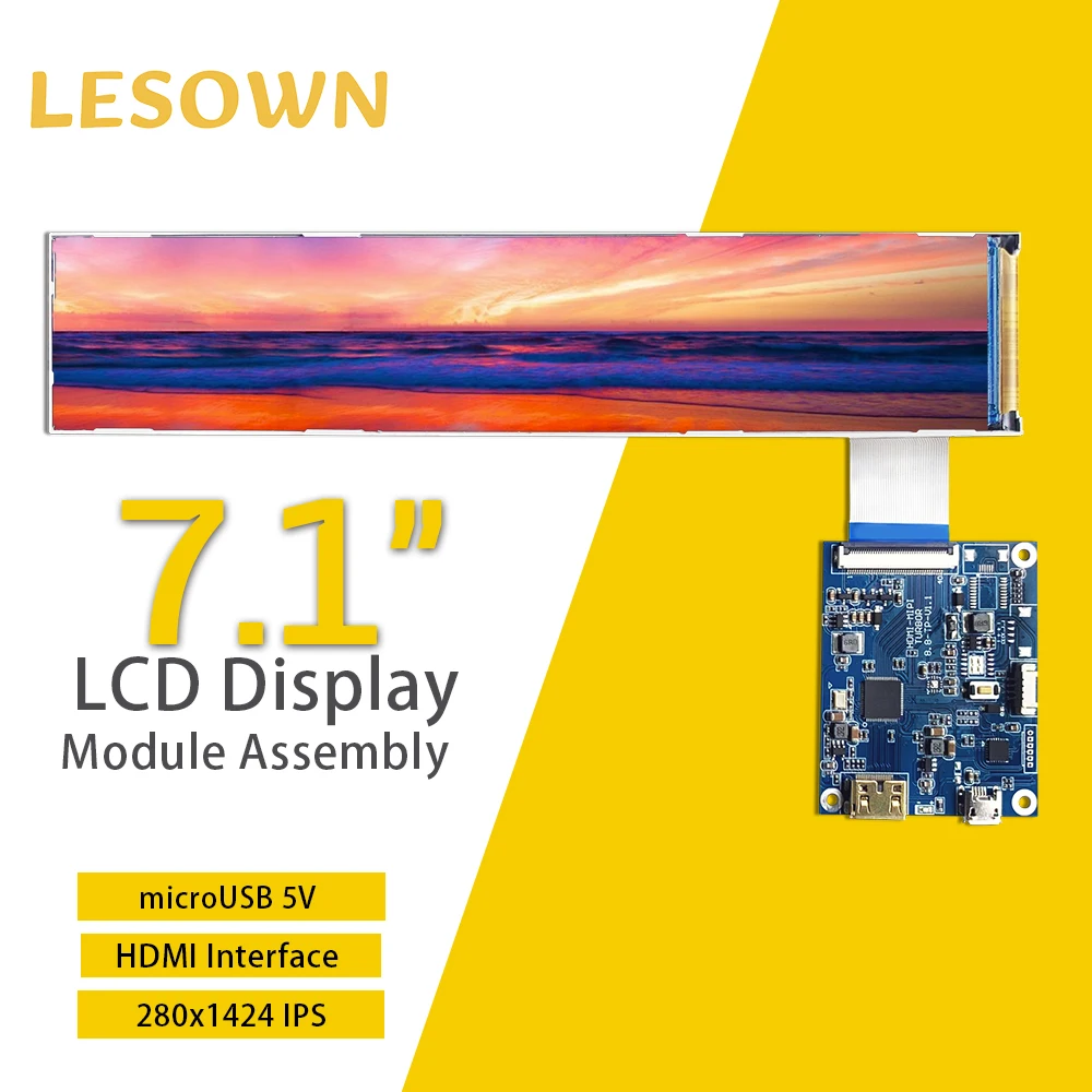 LESOWN LCD Panel Display Long Strip Slim Screen 7.1inch 280x1424 IPS HDMI 400cd/m2 MIPI 4LANE Interface Module with Driver Board