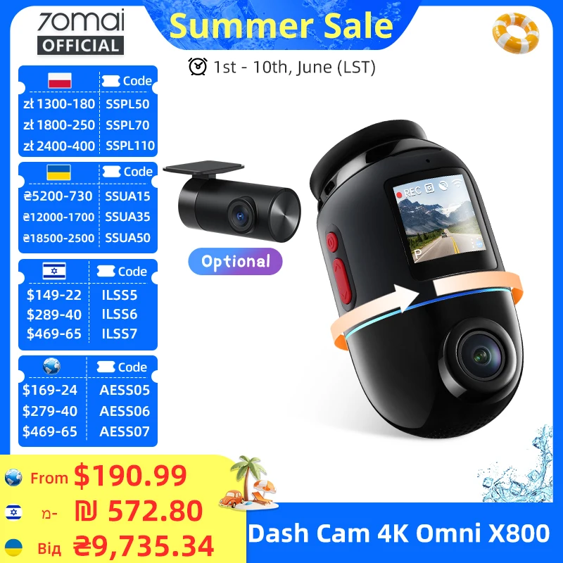 

70mai Dash Cam 4K Omni X800 IMX678 360° Full View Supercapacitor 70mai X800 Built-in GPS ADAS 24H Parking Monitor AI Motion
