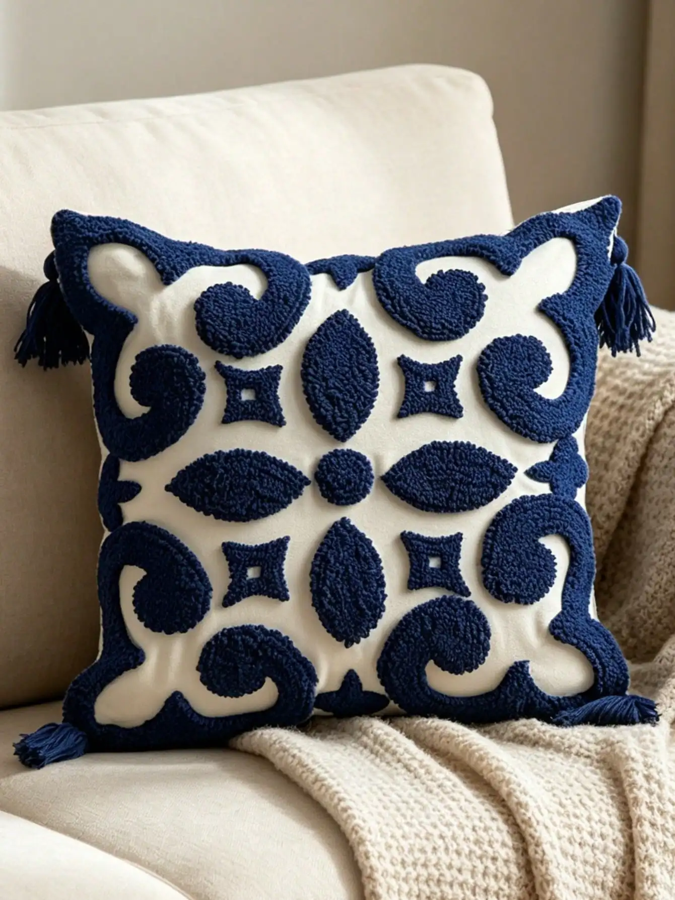 1pc Luxury Decorative Pillow Cover (Pillow Insert Not Included), Featuring Embroidered Floral Pattern, Tassel Trim, Zipper Closure, Machine Washable, Suitable For Sofa, Bed, Dining Room, Home Office, Bohemian Vintage Square Throw Pillow Case