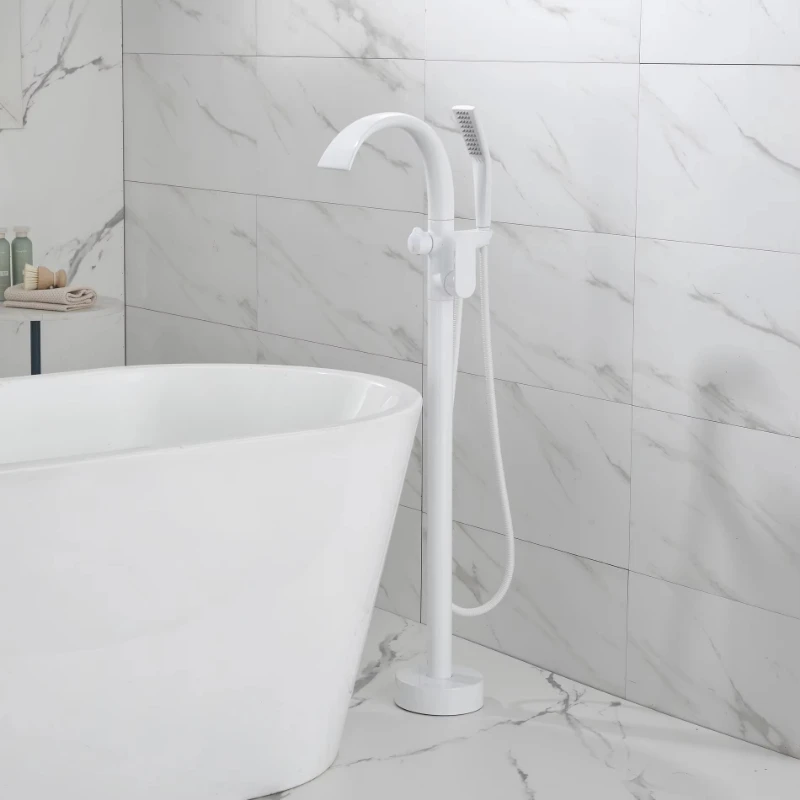 

White floor-to-ceiling free-standing bath faucet with bath faucet nozzle and hand shower