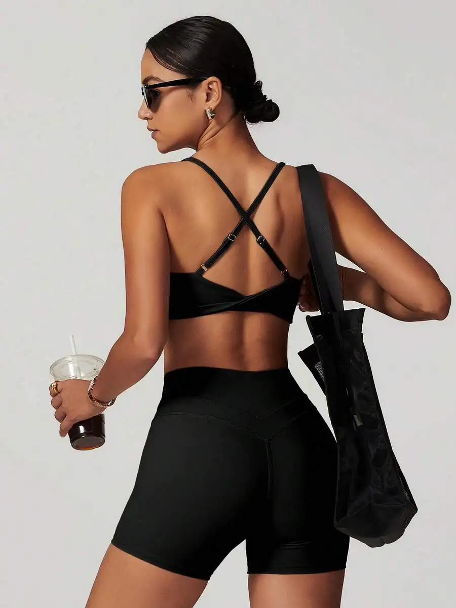 

Womens Sportswear Set Yoga Bra And Shorts High Elasticity Breathable Fitness Wear Black