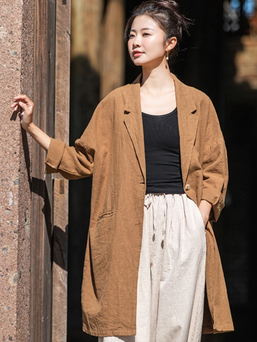 Loose Women's Linen Jacket Chinese Style Suit Collar Cotton Linen Shirt Long Open Cardigan Large Size Artistic Zen Tea Clothing