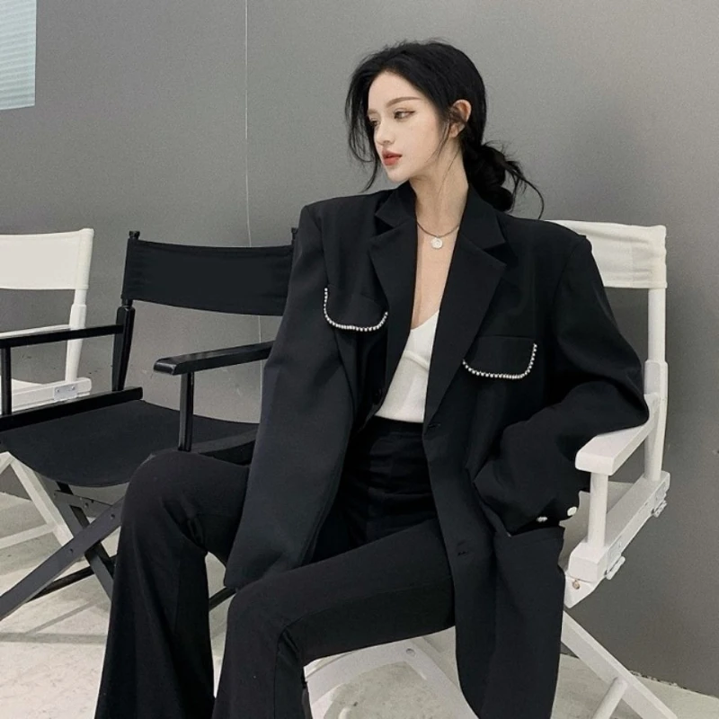 Damska czarna, luźna marynarka casualowa, wiosna/jesień 2025, minimalistyczny design z wyższej półki, styl koreański, luźny streetwear