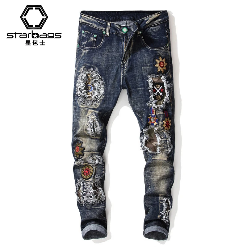 stabags new 2023 spring hipster men's jeans ripped stretch denim pants youth popular mid-waist casual