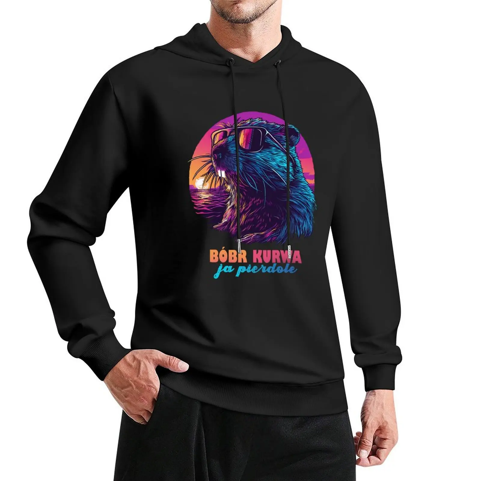 Synthwave Polish Beaver Meme Ja pierdole Bobr Bober Kurwa Pullover Hoodie korean style clothes mens clothes japanese hoodie