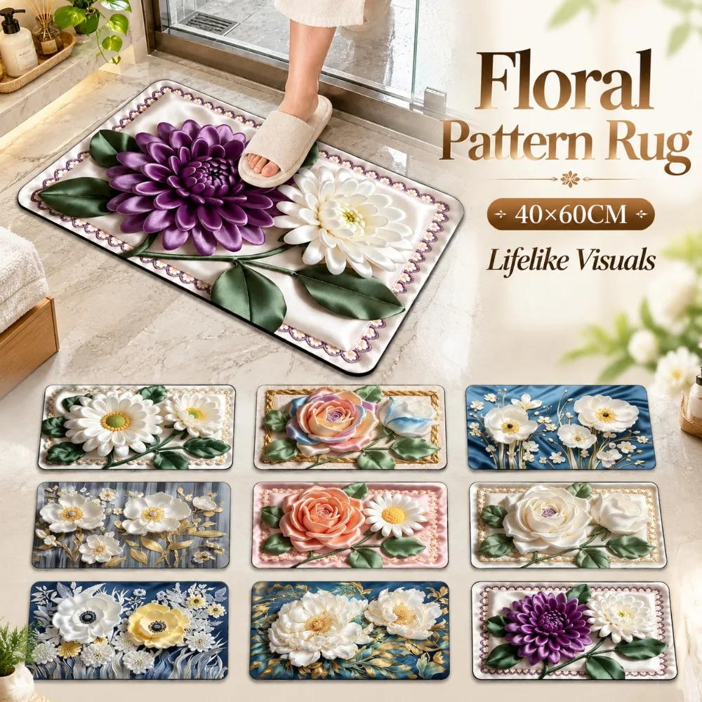 New Quick Dry Floral Pattern Rug Non Slip Lifelike Visuals Bath DoorMat Diatom Mud 40×60CM Bedroom Floor Mat Entryway Decor