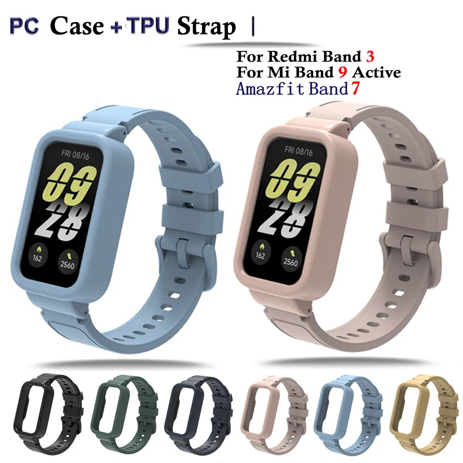 Pulseira de Silicone Macio para Redmi Band 3, Xiaomi Band 9 Active e Amazfit Band 7 com Capa de PC