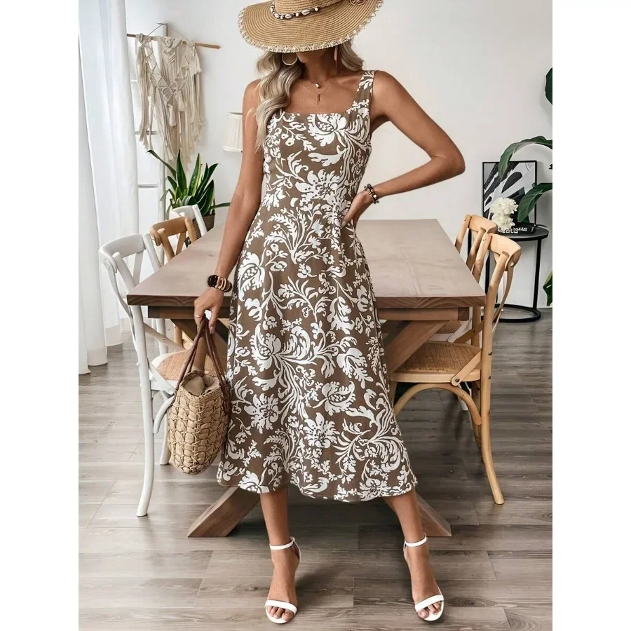 Women's Floral Print Sleeveless Crew Neck Casual Midi Dress For Vacation,Bohemia