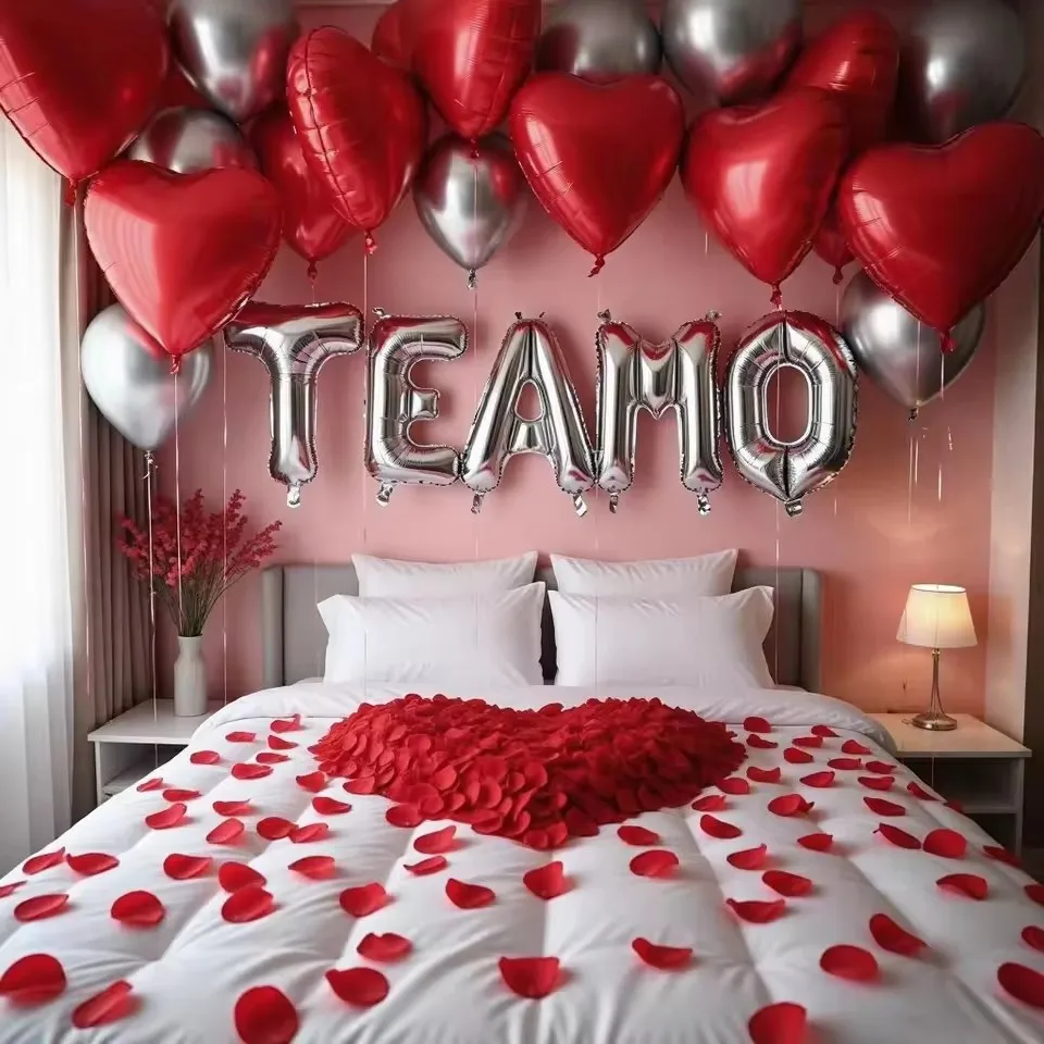 30 Stück 16 Zoll Silber TE AMO Buchstabenballons 1000 Stück Blütenblätter Set I Love You Metallic Silber Rotes Herz für Valentinstag Hochzeit