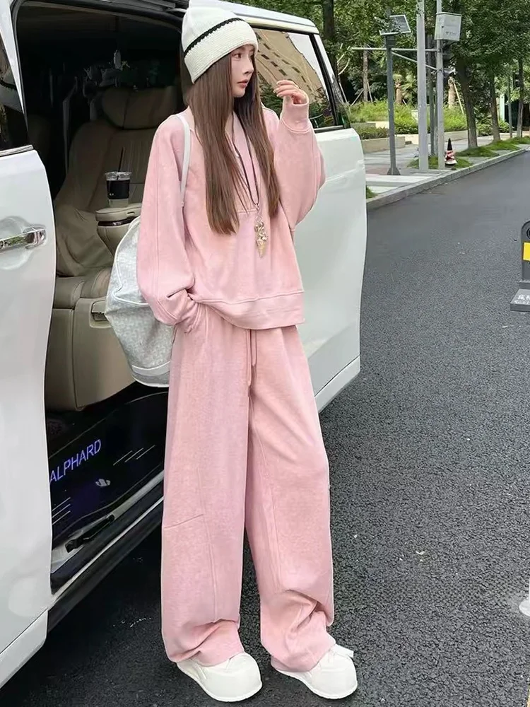 

Модный повседневный женский комплект в стиле кэжуал: розовый свитшот с длинным рукавом и широкие брюки, комплект из двух предметов, весенний, премиум-класса