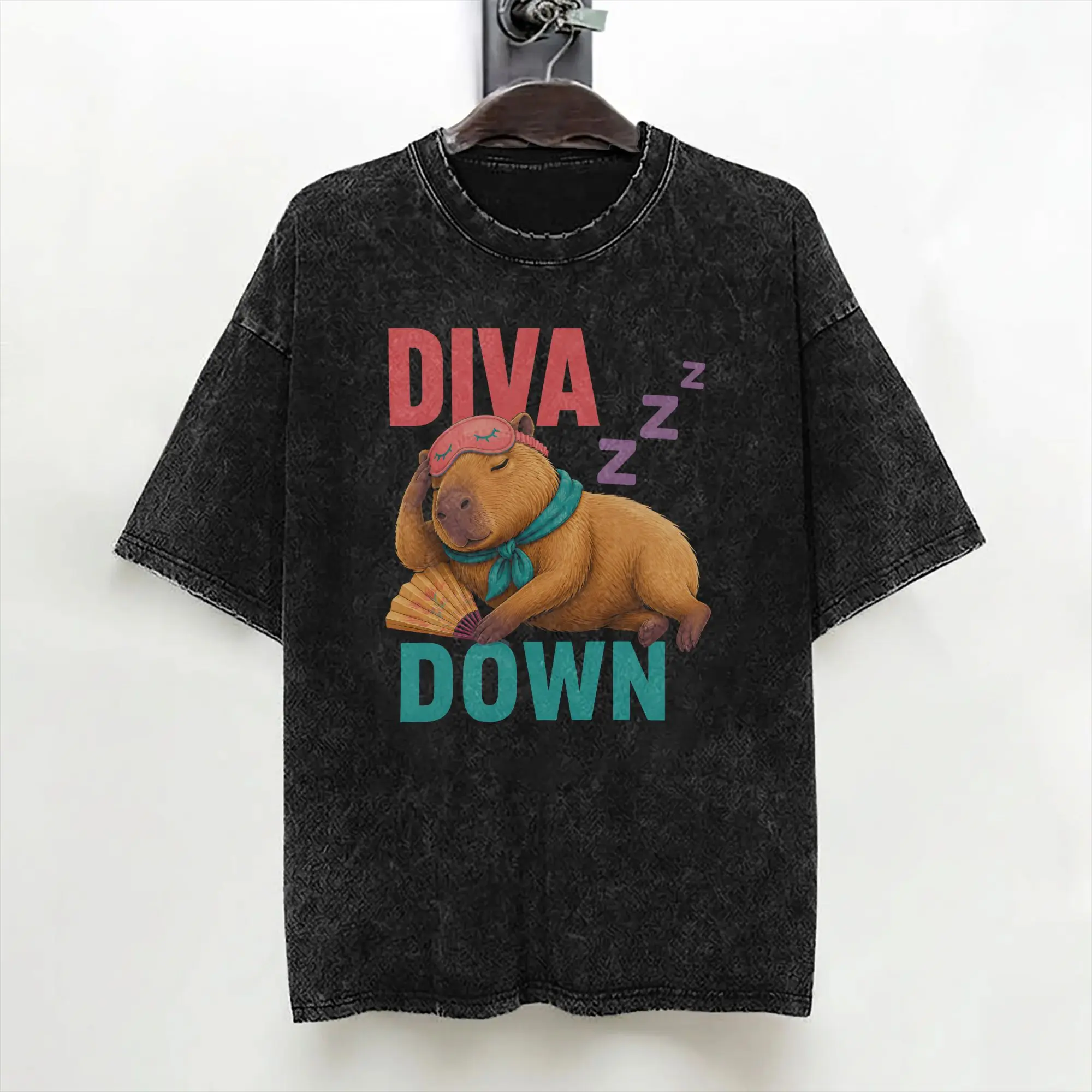 Diva Down Sleepy Capybara Nap Humor Washed T Shirts Streetwear Hip Hop T-Shirt  Tees for Men Women 100% Cotton Oversize Summer