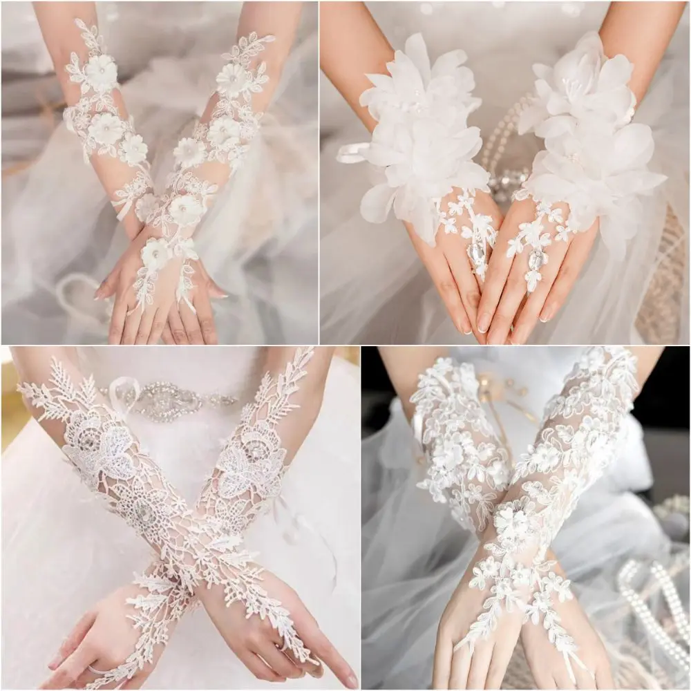 Creative Lace Wedding Gloves Floral Pattern Photo Pros Fingerless Gloves Versatile Crystal Bridal Gloves Bride Accessories