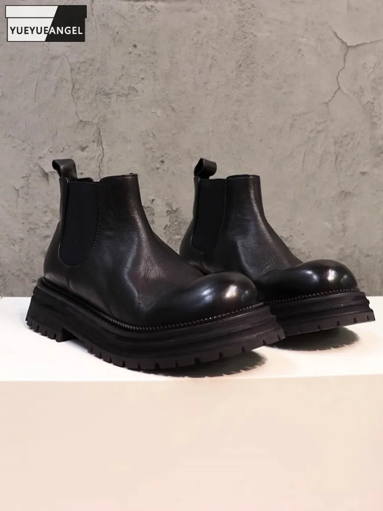 New Women Cowhide Genuine Leather Chelsea Boots Casual Slip-On Round Toe Thick Bottom High Top Shoes Vintage Female Short Boots