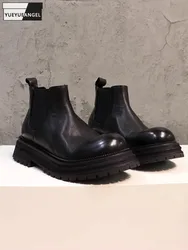 New Women Cowhide Genuine Leather Chelsea Boots Casual Slip-On Round Toe Thick Bottom High Top Shoes Vintage Female Short Boots