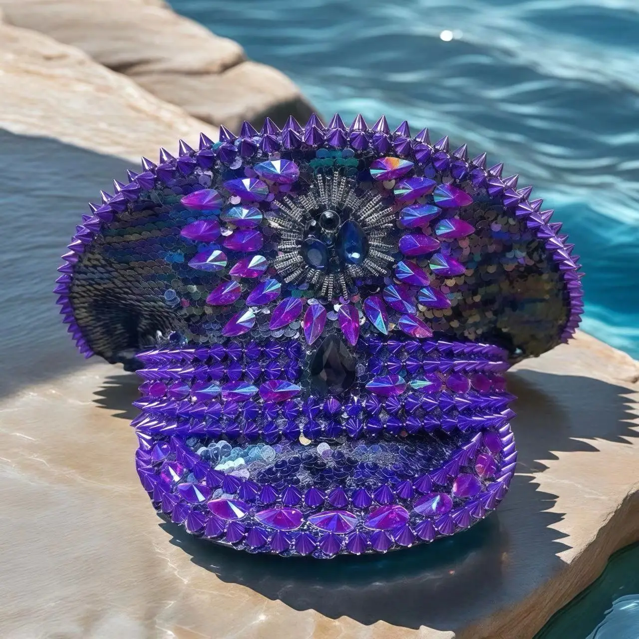 HongLuan Purple Bling Captain Hat Rhinestone for Woman | Steampunk Military Cap for Burning Man Music Festivals Accessories