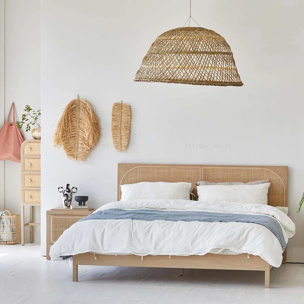 

Natural Boho Organic Furniture Japandi Bedroom Furniture Oak Rattan Modern Bed Furniture Bed Room Sets Wooden Luxury Beds