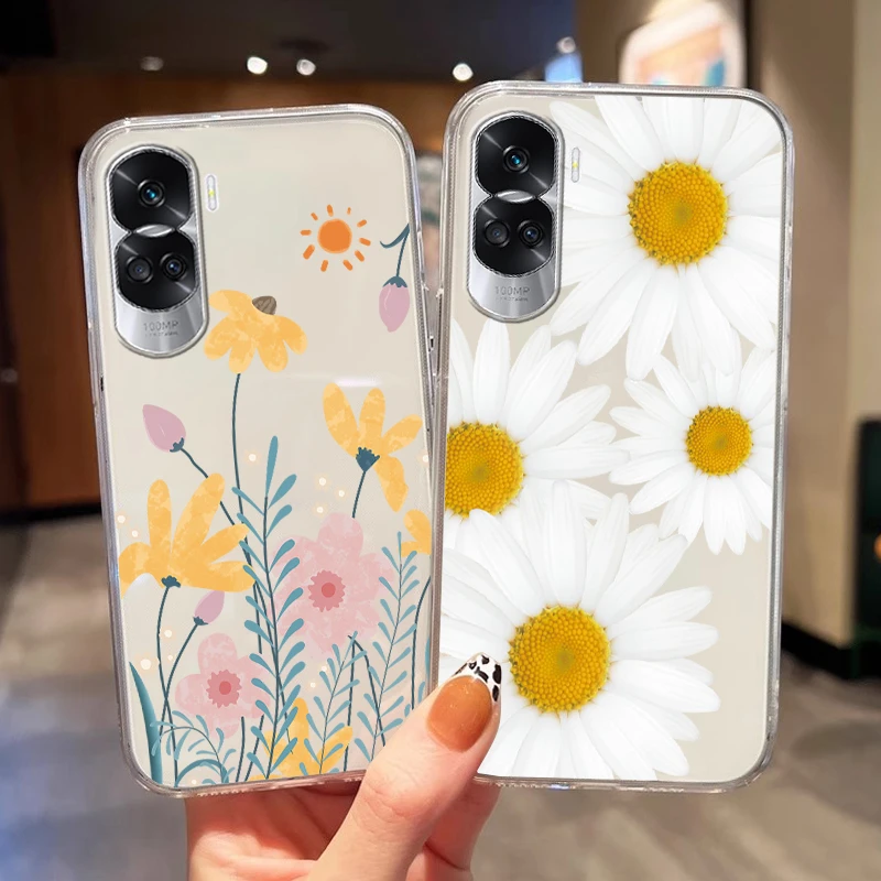 حافظة هاتف لهاتف Honor 90 90 Lite زهرة الشمس الوردي الليمون زهرة الكرمة فروع وأوراق القطط لهاتف Honor 90 قذائف خلفية شفافة