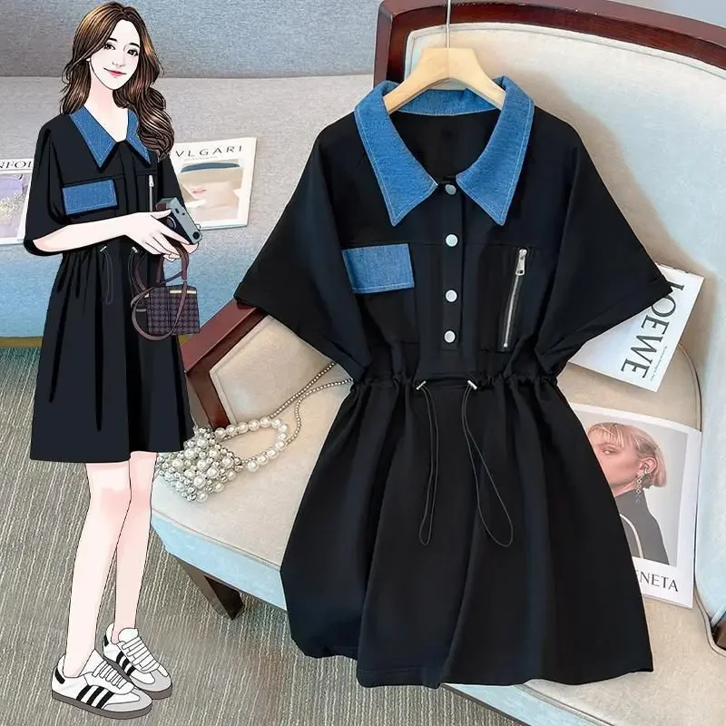 

Minority contrast waist denim polo neck stitching dress 2024 summer new plus size belly cover casual slim black A-line skirt