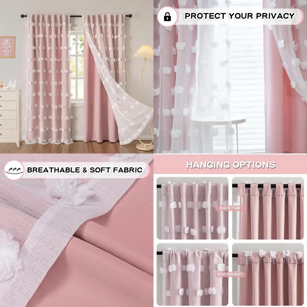 

Двухслойные розово-белые шторы с помпонами, 52x84 дюйма, комплект из 2 штук для комнаты девочки и детской.