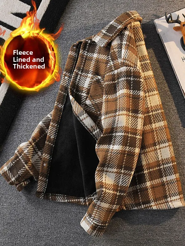 Casual Plaid Men's Jacket Winter Thickened Fleece Warmth Outerwear Knitted Woolen Shirt Fashion Urban Style Loose Fit Long Sl...