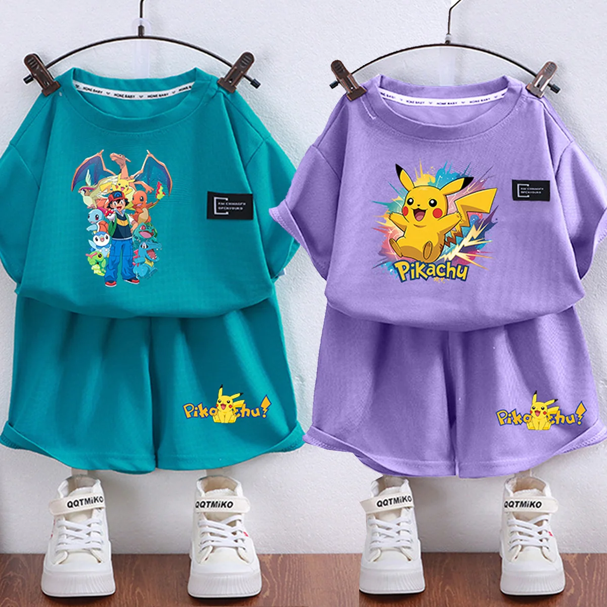 

Anime Pokemons Short Sleeve T-shirt Shorts Tracksuit Cartoon Printed Clothes Set Grid Pattern High Quality Casual 2pcs Outfit