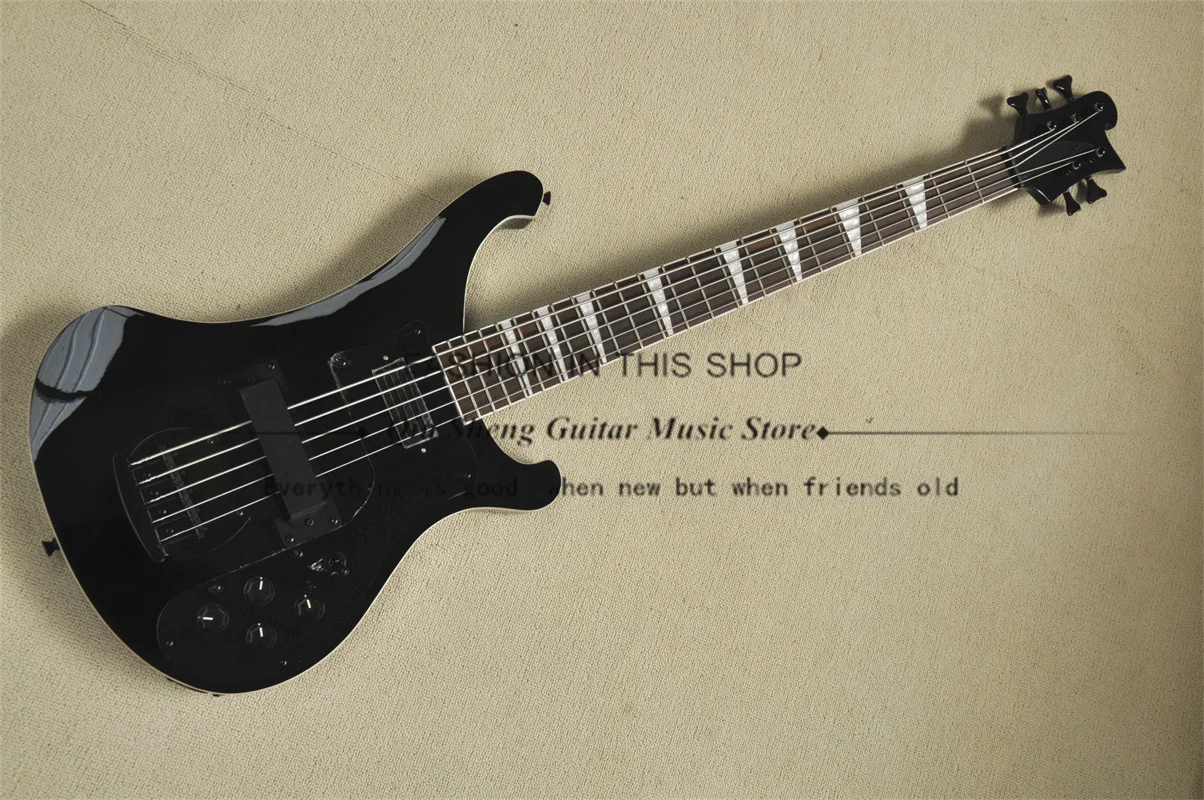 

Черный бас, 5-струнный бас 4003, комплект кленового грифа в корпусе из цельного дерева, черный мост, черная звукосниматель, настраиваемая