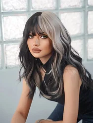 20Inch Silver Gray And Black Color Synthetic Wigs With Bang Medium Natural Wavy Hair For Women Cruella Cosplay Heat Resistant