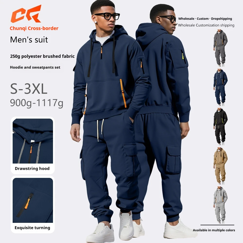 

Mens Autumn Winter Fleece Zipper Hoodie Multi Pocket Work Pants Set 2 Piece Casual Tracksuit Streetwear Fashion Sports suits